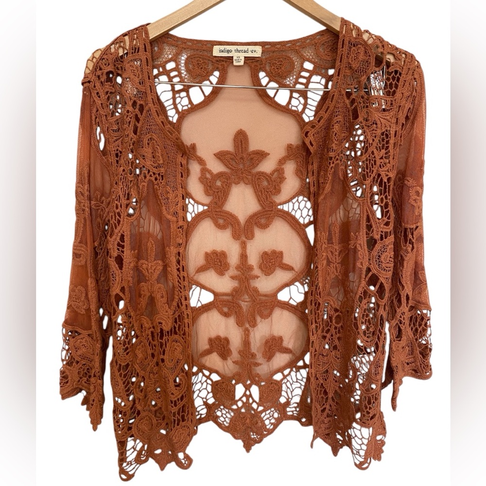 Indigo Thread Cardigan Size XS Rust Orange Crochet Lace New-no Tag Boho